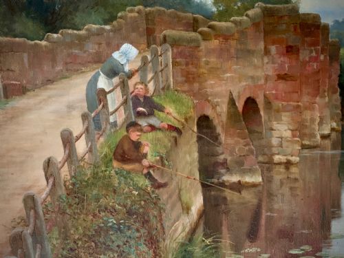 OIL PAINTING FISHING AT ECKINGTON BRIDGE WORCESTERSHIRE SIDNEY CURRIE ACTIVE 1876 1930 - ADDITIONAL PHOTO 1