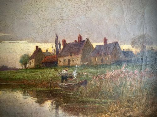 OIL ON CANVAS COTTAGES ON THE RIVER AT DUSK HENRY MAURICE PAGE - ADDITIONAL PHOTO 1