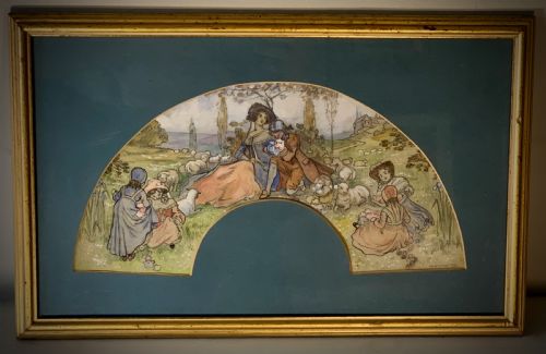 ink and watercolour painting fan design by illustrator fn bursill 1904 - CATEGORY: ANTIQUE ART - DATED EDWARDIAN