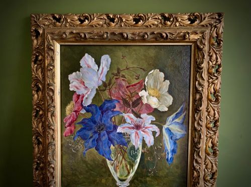 STILL LIFE 'OIL PAINTING ON BOARD CLEMATIS BUNTY MILLER 1950 - ADDITIONAL PHOTO 1