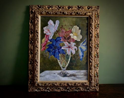 STILL LIFE 'OIL PAINTING ON BOARD CLEMATIS BUNTY MILLER 1950 - ADDITIONAL PHOTO 2