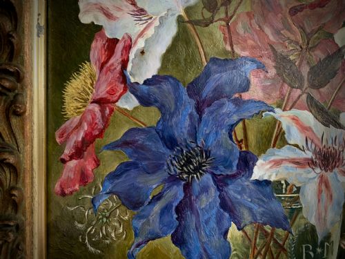 STILL LIFE 'OIL PAINTING ON BOARD CLEMATIS BUNTY MILLER 1950 - ADDITIONAL PHOTO 4