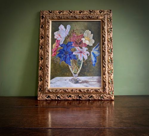 STILL LIFE 'OIL PAINTING ON BOARD CLEMATIS BUNTY MILLER 1950 - ADDITIONAL PHOTO 9