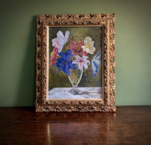 STILL LIFE 'OIL PAINTING ON BOARD CLEMATIS BUNTY MILLER 1950 - ADDITIONAL PHOTO 12