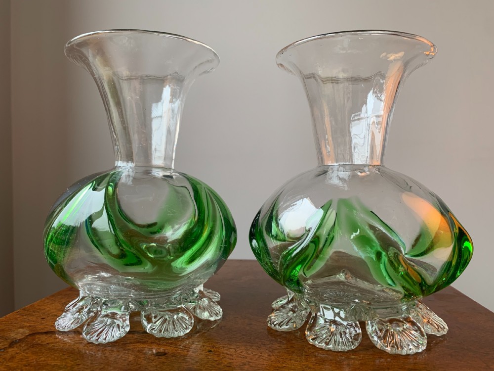 PAIR OF VICTORIAN STOURBRIDGE GREEN & CLEAR GLASS VASES
