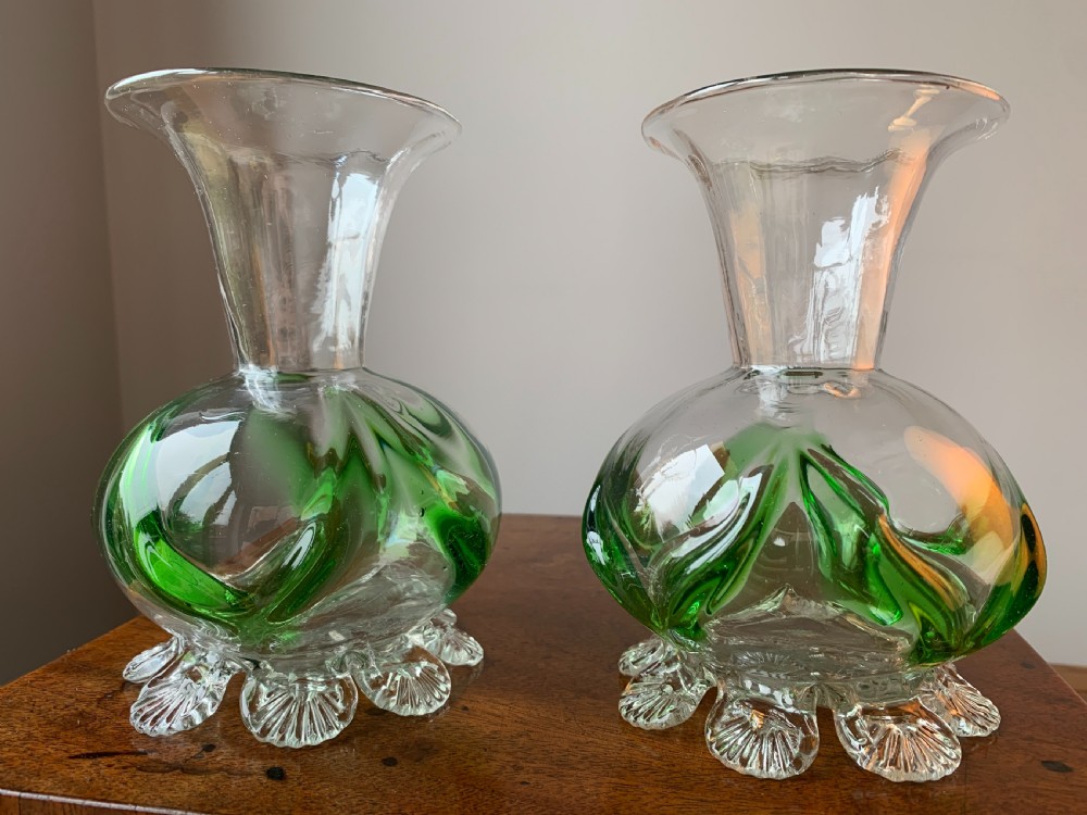 PAIR OF VICTORIAN STOURBRIDGE GREEN & CLEAR GLASS VASES View II