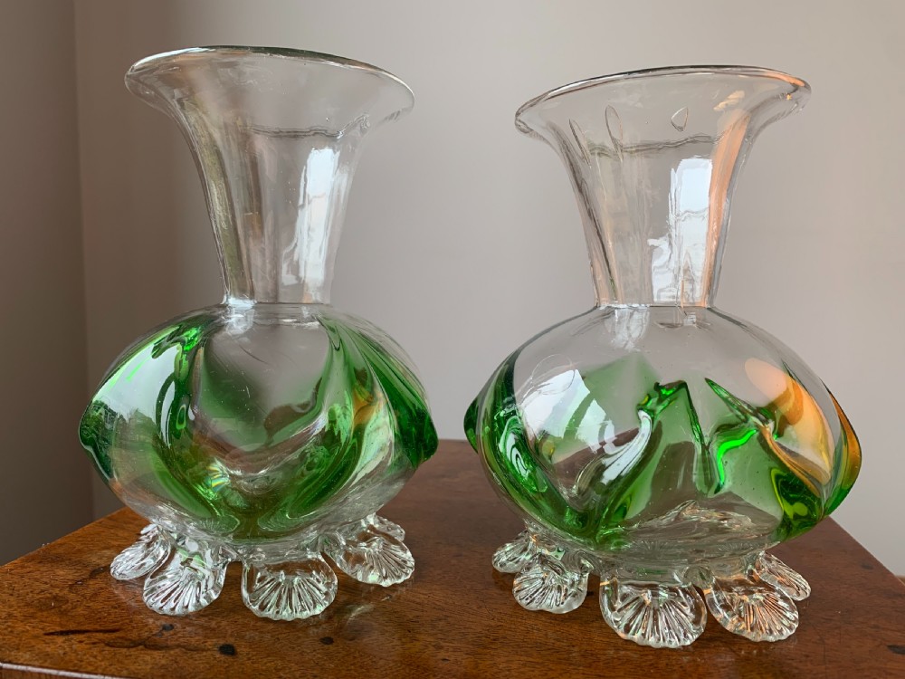 PAIR OF VICTORIAN STOURBRIDGE GREEN & CLEAR GLASS VASES View III