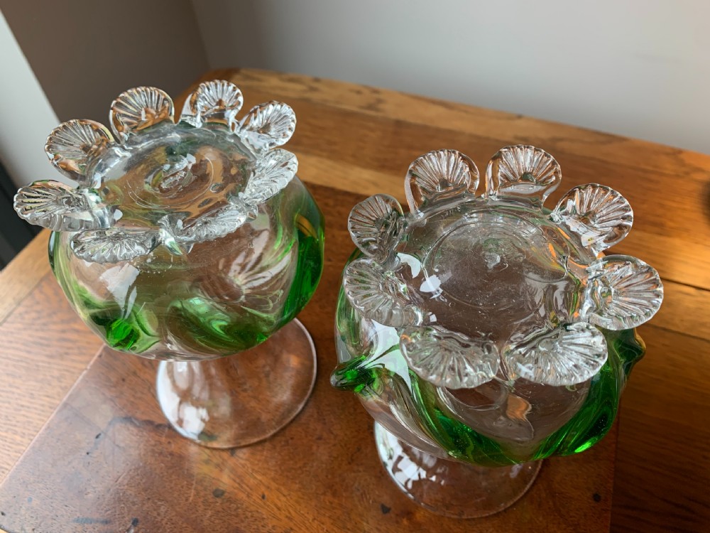 PAIR OF VICTORIAN STOURBRIDGE GREEN & CLEAR GLASS VASES View V