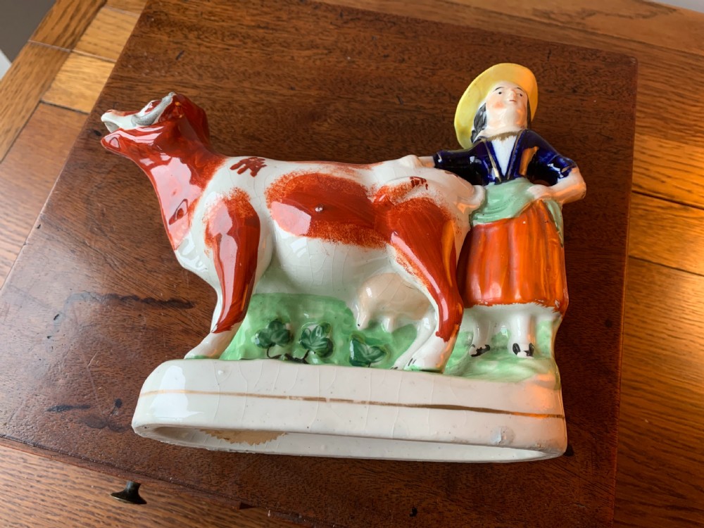 ANTIQUE STAFFORDSHIRE POTTERY COW AND MILKMAID FIGURE / CREAMER JUG, 19TH CENTURY View VIII