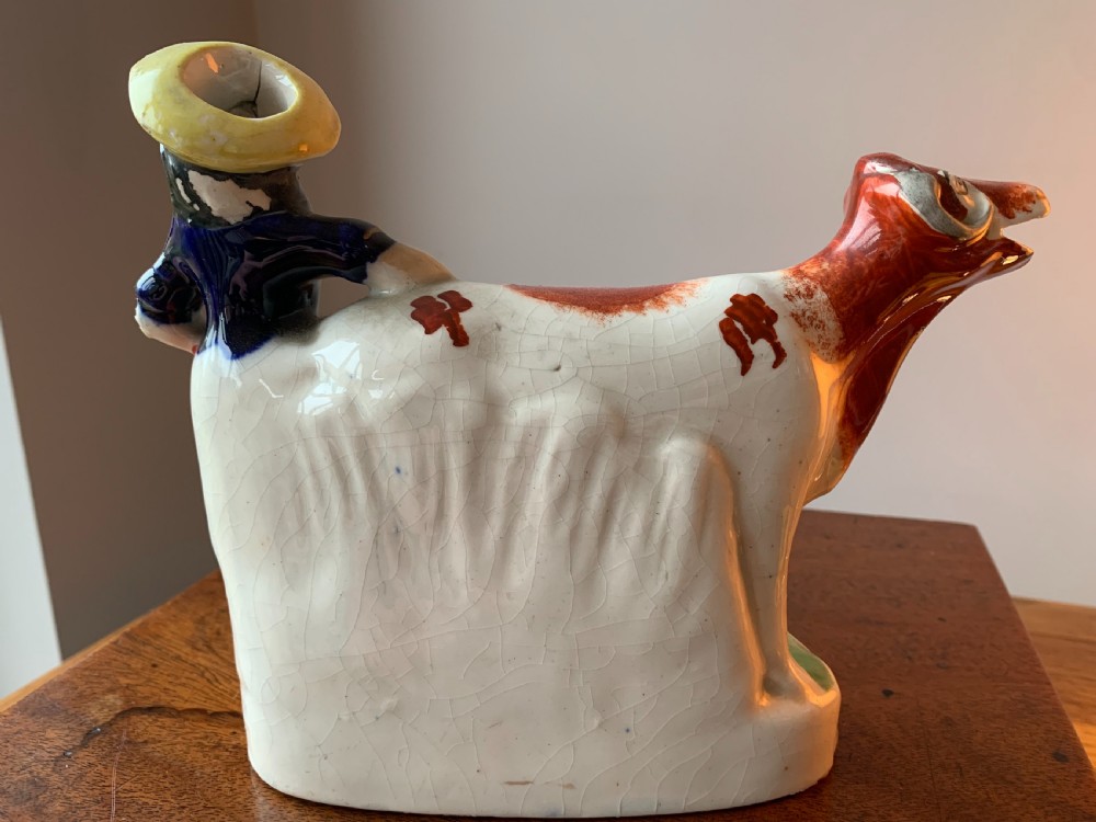 ANTIQUE STAFFORDSHIRE POTTERY COW AND MILKMAID FIGURE / CREAMER JUG, 19TH CENTURY View XIV
