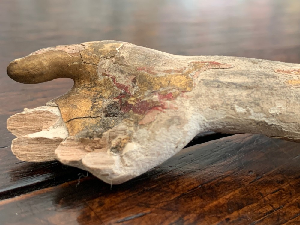 A 16th-century hand-carved lime wood Corpus Christi sculpture displaying remnant polychrome paint and gilding. View VIII