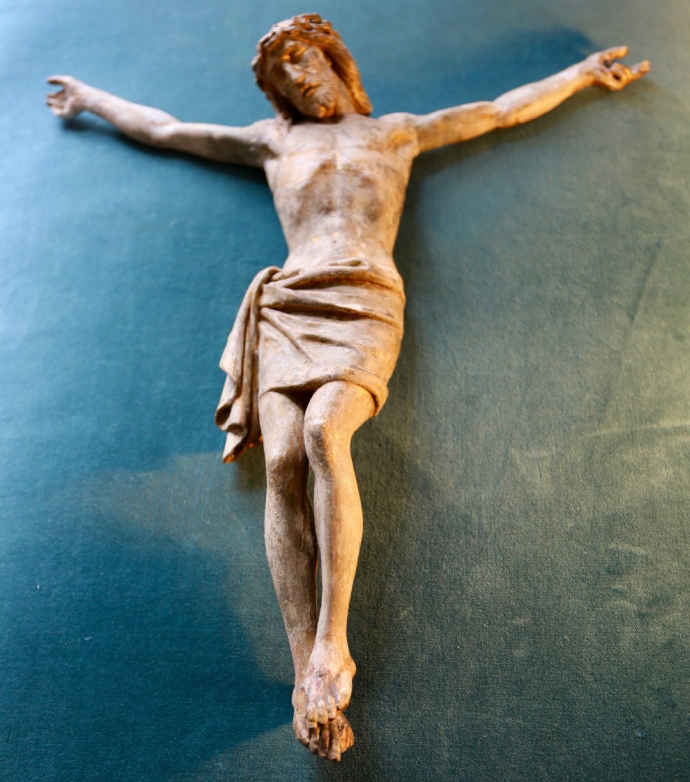 A 16th-century hand-carved lime wood Corpus Christi sculpture displaying remnant polychrome paint and gilding. View XVII