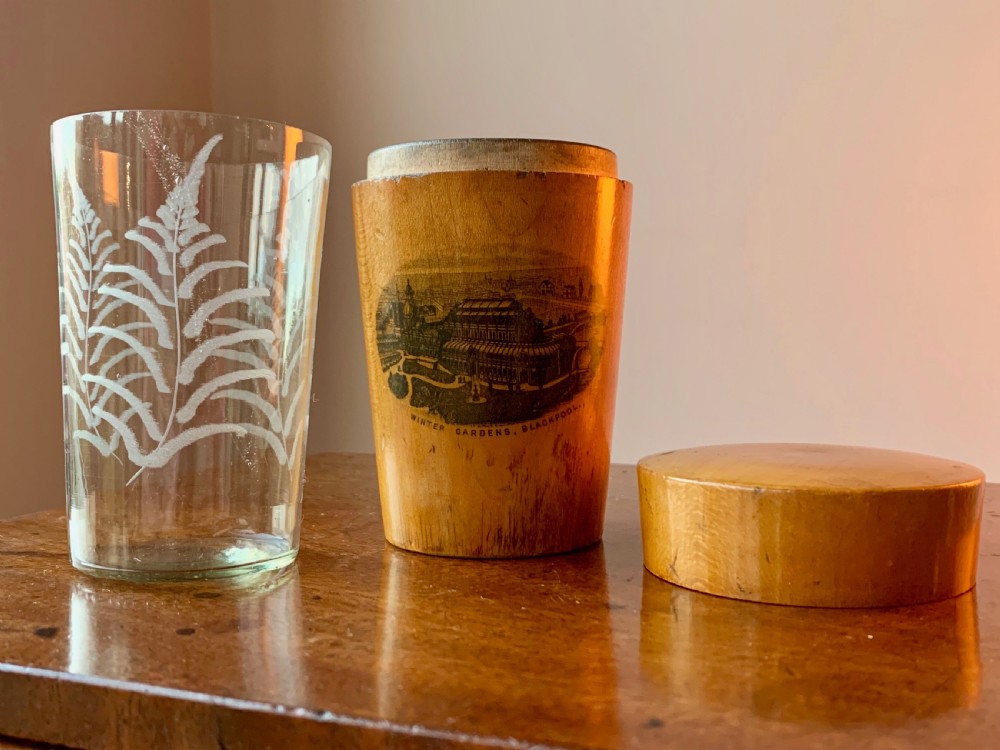 VICTORIAN MAUCHLINE WARE CASE  AND DRINKING GLASS - BLACKPOOL WINTER GARDENS