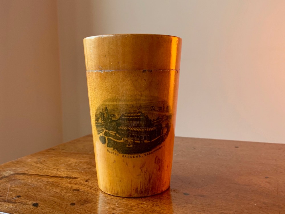 VICTORIAN MAUCHLINE WARE CASE  AND DRINKING GLASS - BLACKPOOL WINTER GARDENS View II