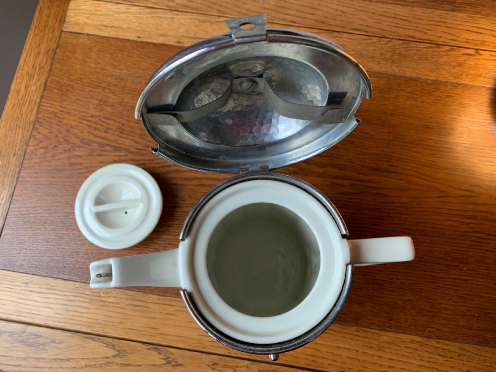 SUPERB WMF THREE PIECE COFFEE SET IN CREAM CERAMIC & HAMMERED METAL View XV