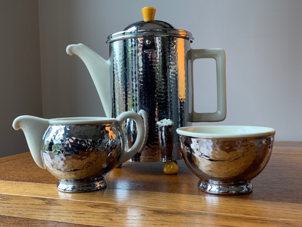 SUPERB WMF THREE PIECE COFFEE SET IN CREAM CERAMIC & HAMMERED METAL View XXIX