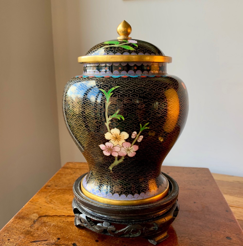 CHINESE CLOISONNE LIDDED VASE ON CARVED WOODEN LACQUERED STAND. View II