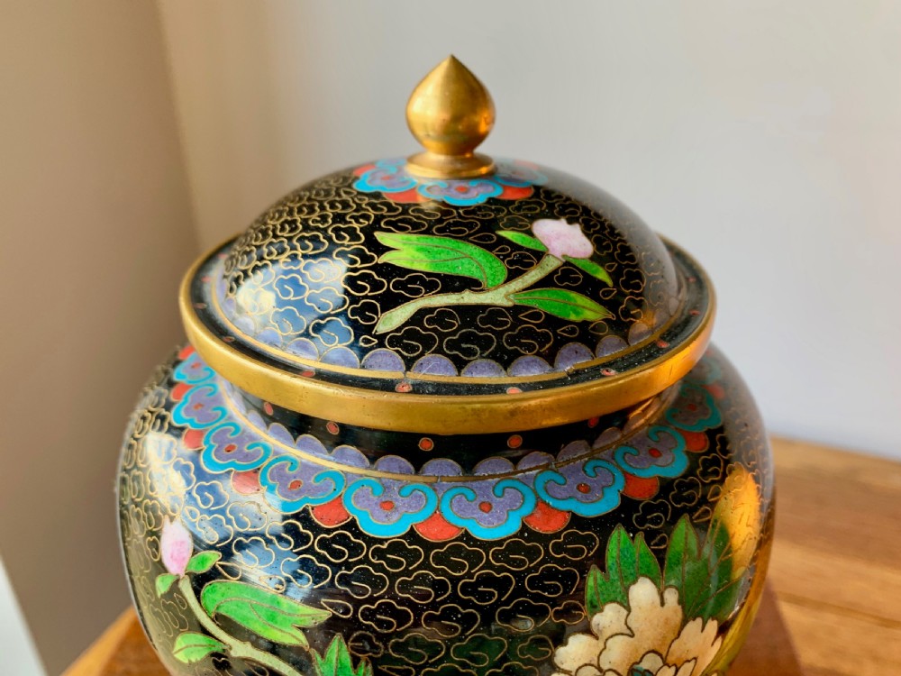 CHINESE CLOISONNE LIDDED VASE ON CARVED WOODEN LACQUERED STAND. View III