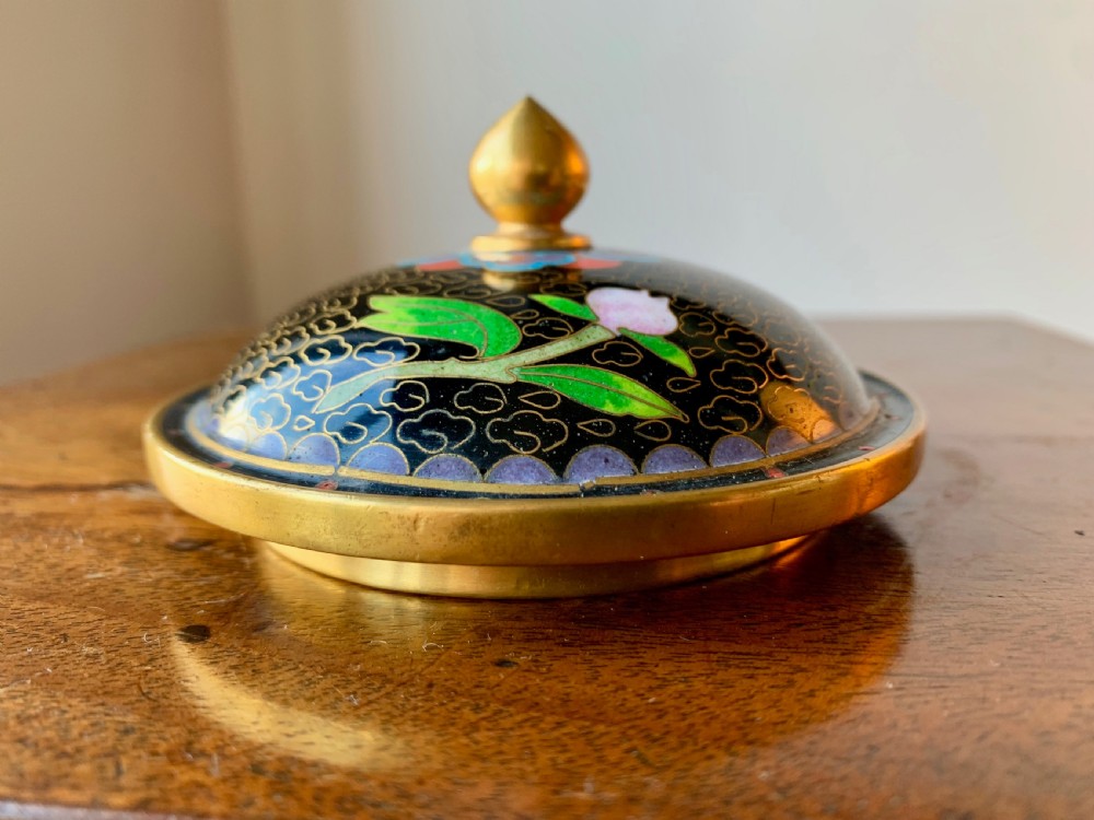 CHINESE CLOISONNE LIDDED VASE ON CARVED WOODEN LACQUERED STAND. View V