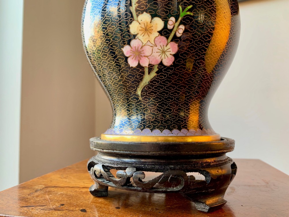 CHINESE CLOISONNE LIDDED VASE ON CARVED WOODEN LACQUERED STAND. View VIII