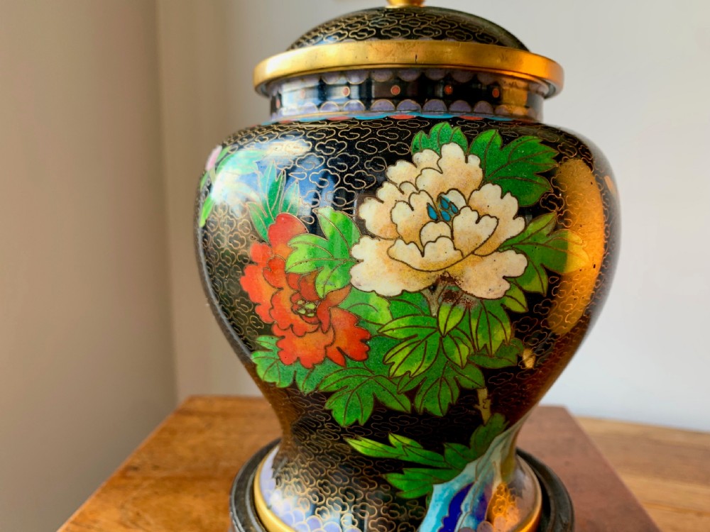 CHINESE CLOISONNE LIDDED VASE ON CARVED WOODEN LACQUERED STAND. View X