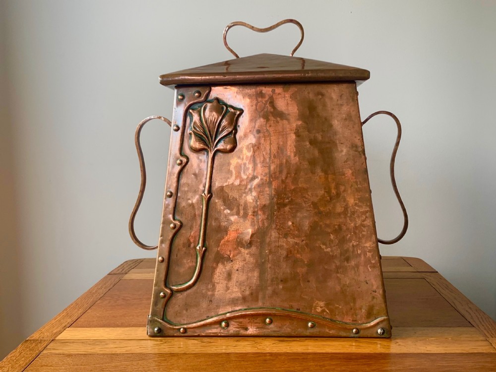 ARTS AND CRAFTS COPPER COAL BOX BY BENHAM AND FROUD View II