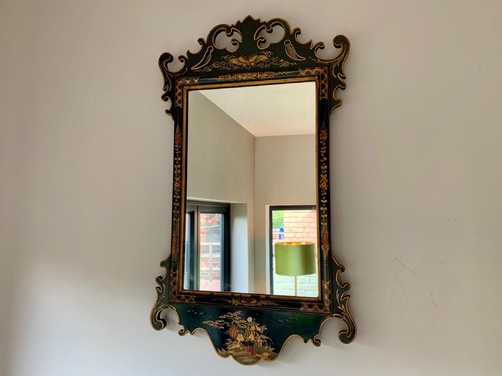 ANTIQUE BLACK LACQUER CHINOISERIE WALL MIRROR  View XX