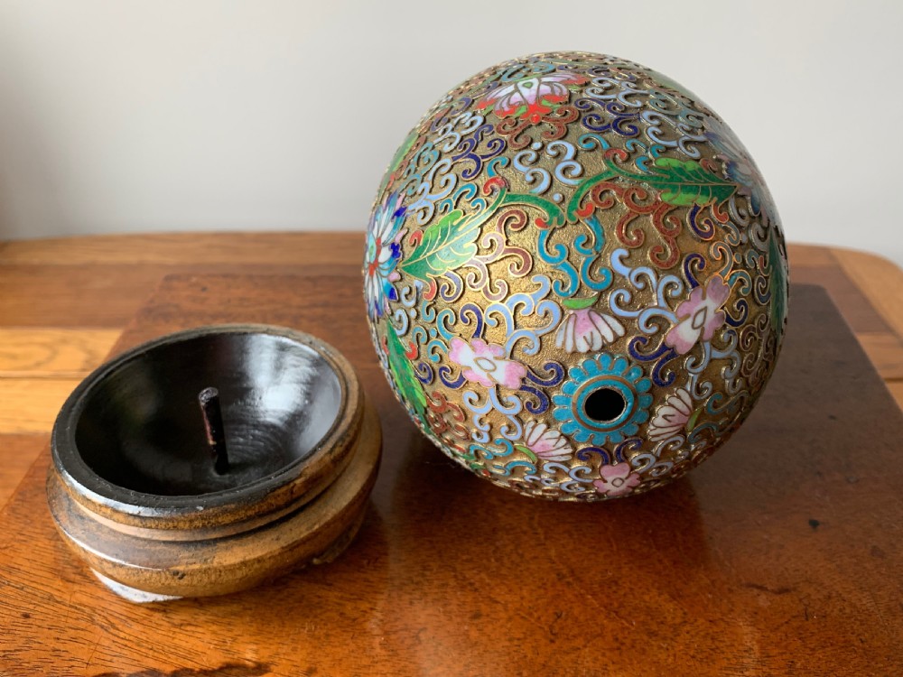 LARGE CHINESE CLOISONNE EGG ON BESPOKE CARVED WOODEN STAND View III