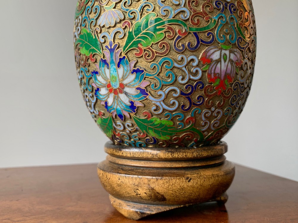 LARGE CHINESE CLOISONNE EGG ON BESPOKE CARVED WOODEN STAND View IX