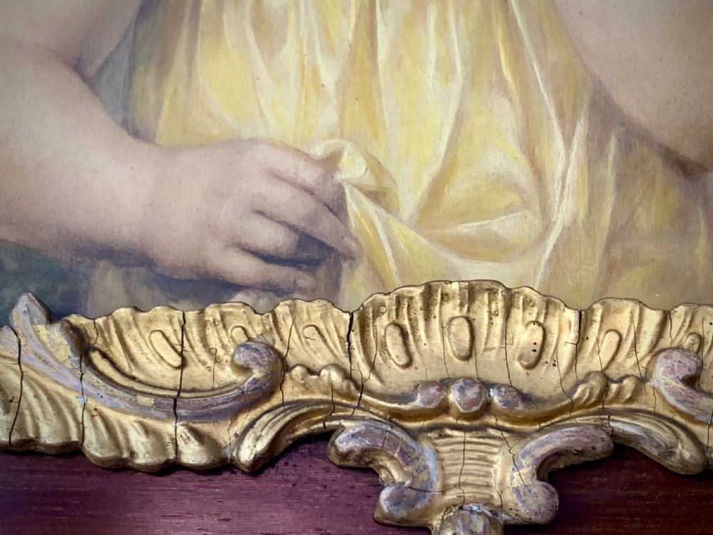 A horizontal Victorian print depicting three children in a garden setting, enclosed in a gilded Rococo-style inner frame set within a polished mahogany outer border. View VII