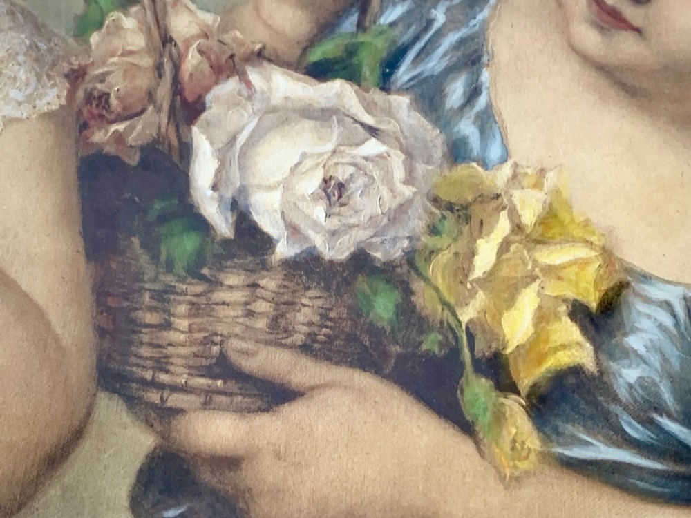 A horizontal Victorian print depicting three children in a garden setting, enclosed in a gilded Rococo-style inner frame set within a polished mahogany outer border. View XV