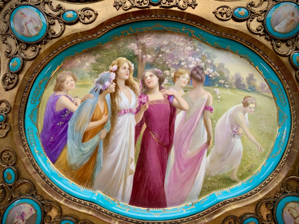 LARGE VIENNA STYLE PORCELAIN TRAY IN GILDED FRAME WITH PORCELAIN MEDALLIONS - PAINTED BY JOHNER - 19th CENTURY  View II