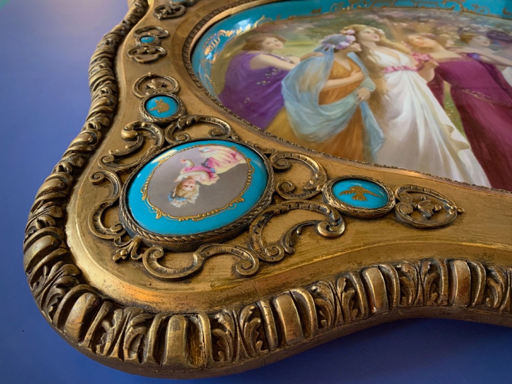 LARGE VIENNA STYLE PORCELAIN TRAY IN GILDED FRAME WITH PORCELAIN MEDALLIONS - PAINTED BY JOHNER - 19th CENTURY  View III