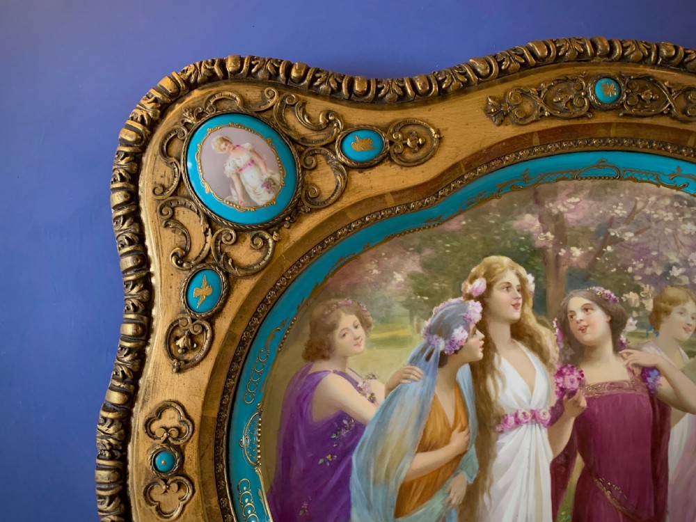 LARGE VIENNA STYLE PORCELAIN TRAY IN GILDED FRAME WITH PORCELAIN MEDALLIONS - PAINTED BY JOHNER - 19th CENTURY  View IV