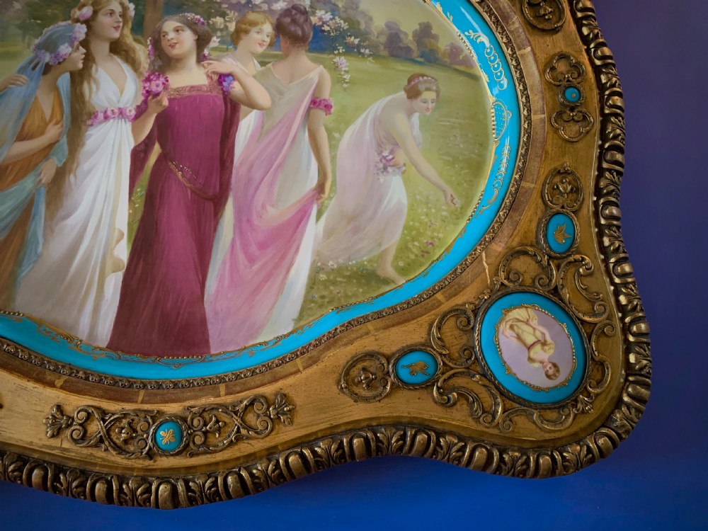 LARGE VIENNA STYLE PORCELAIN TRAY IN GILDED FRAME WITH PORCELAIN MEDALLIONS - PAINTED BY JOHNER - 19th CENTURY  View VI
