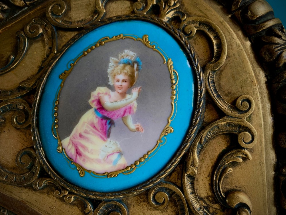 LARGE VIENNA STYLE PORCELAIN TRAY IN GILDED FRAME WITH PORCELAIN MEDALLIONS - PAINTED BY JOHNER - 19th CENTURY  View XIX