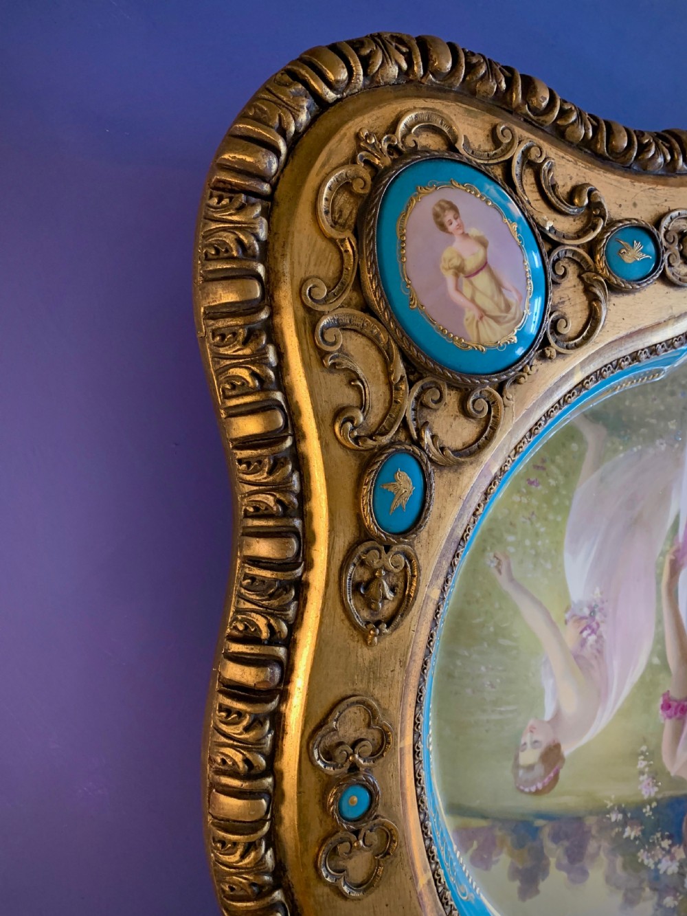 LARGE VIENNA STYLE PORCELAIN TRAY IN GILDED FRAME WITH PORCELAIN MEDALLIONS - PAINTED BY JOHNER - 19th CENTURY  View XXIV