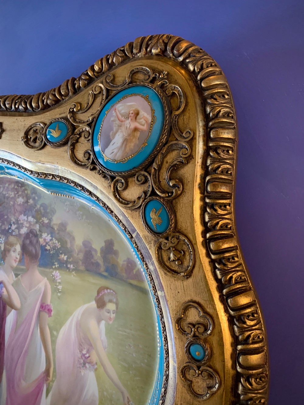 LARGE VIENNA STYLE PORCELAIN TRAY IN GILDED FRAME WITH PORCELAIN MEDALLIONS - PAINTED BY JOHNER - 19th CENTURY  View XXV