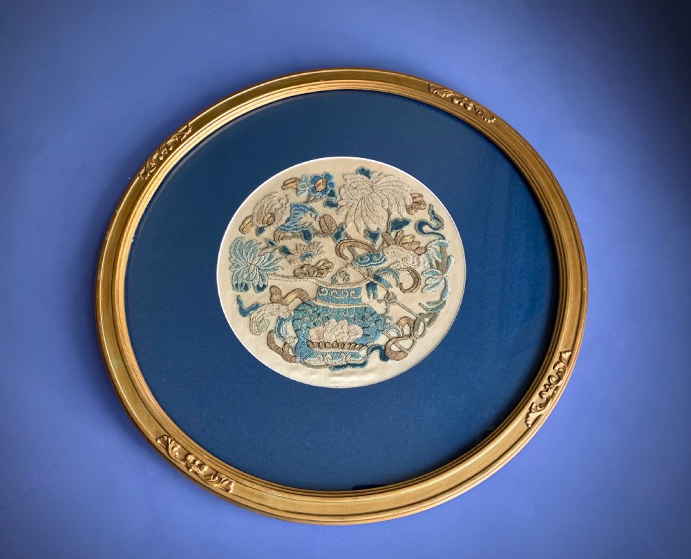 19th CENTURY CHINESE FLORAL EMBROIDERY WITH GOLD THREAD WORK