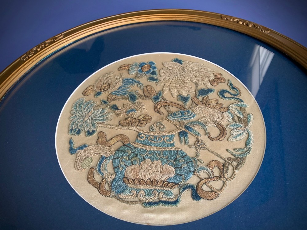 19th CENTURY CHINESE FLORAL EMBROIDERY WITH GOLD THREAD WORK View II