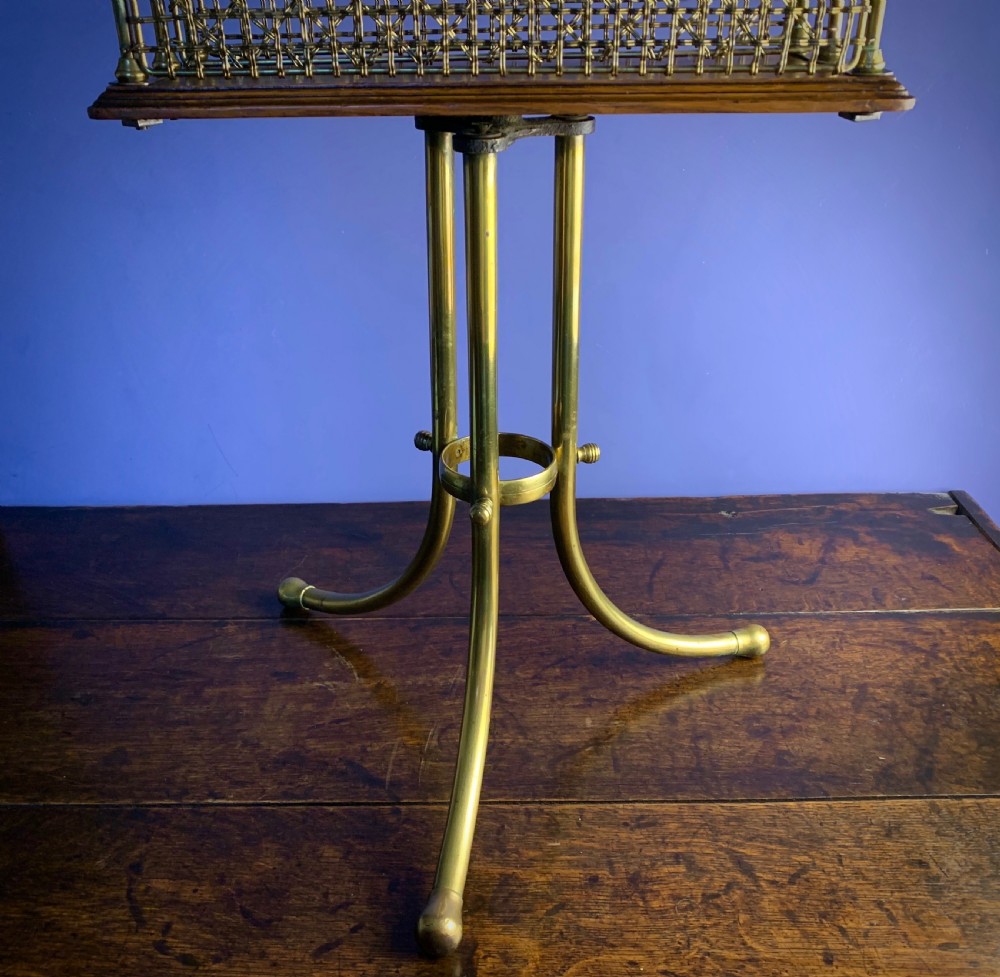 A Victorian tubular brass magazine stand featuring mesh wire compartments, a central carrying handle, and a mahogany base supported by splayed legs. View VIII