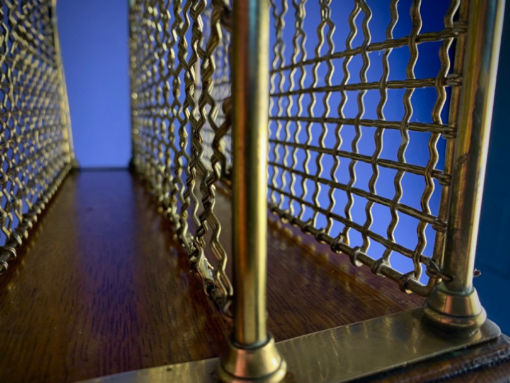 A Victorian tubular brass magazine stand featuring mesh wire compartments, a central carrying handle, and a mahogany base supported by splayed legs. View X