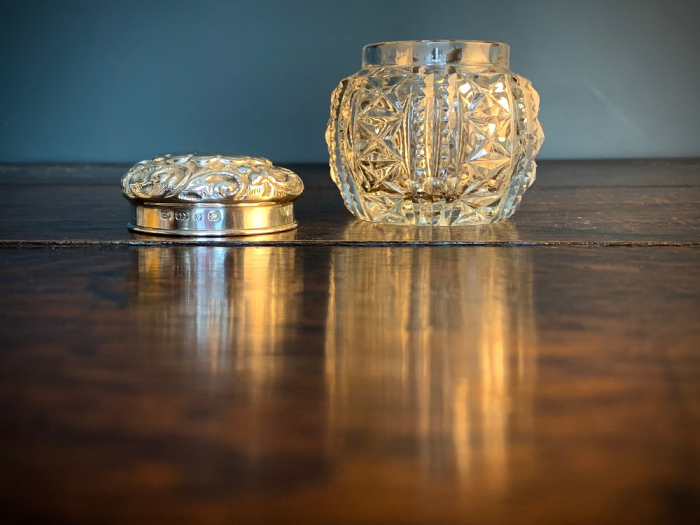 VICTORIAN SILVER LIDDED CUT GLASS DRESSING TABLE POT View II