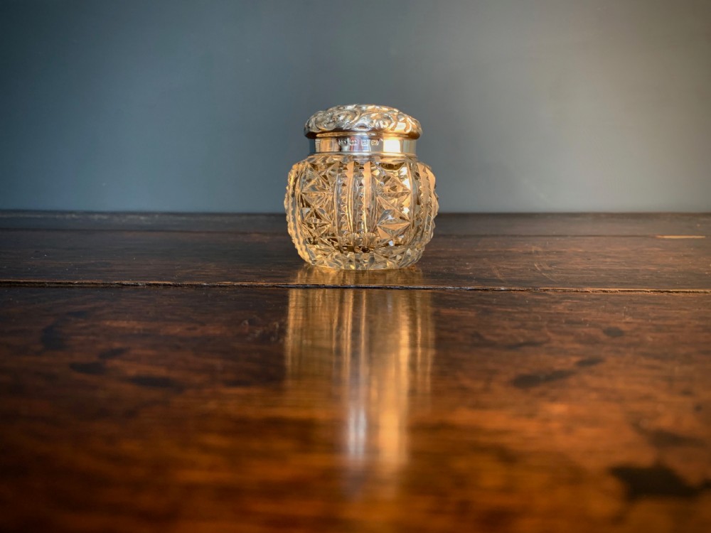 VICTORIAN SILVER LIDDED CUT GLASS DRESSING TABLE POT View V