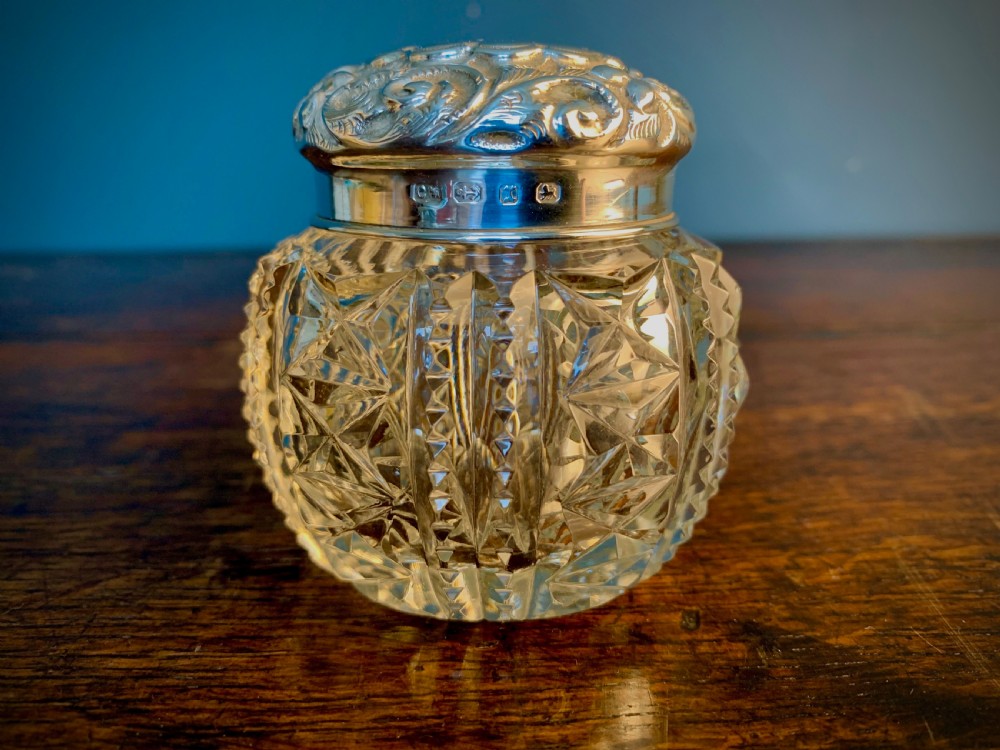 VICTORIAN SILVER LIDDED CUT GLASS DRESSING TABLE POT View IX