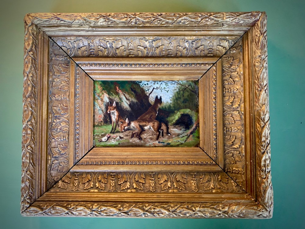 Pair of 19th-century English oil paintings on board depicting hunting hounds and foxes in deep gilt frames. View III