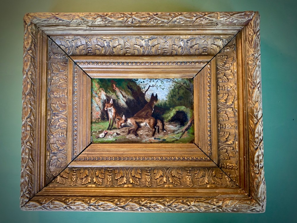 Pair of 19th-century English oil paintings on board depicting hunting hounds and foxes in deep gilt frames. View IV