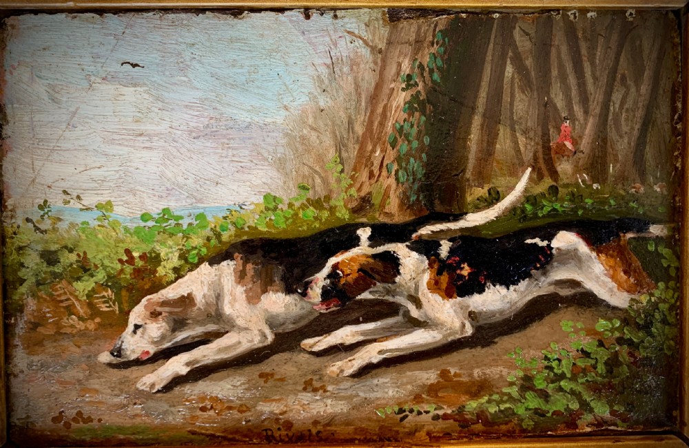 Pair of 19th-century English oil paintings on board depicting hunting hounds and foxes in deep gilt frames. View V