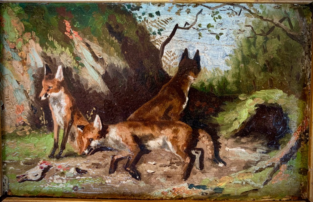 Pair of 19th-century English oil paintings on board depicting hunting hounds and foxes in deep gilt frames. View VI
