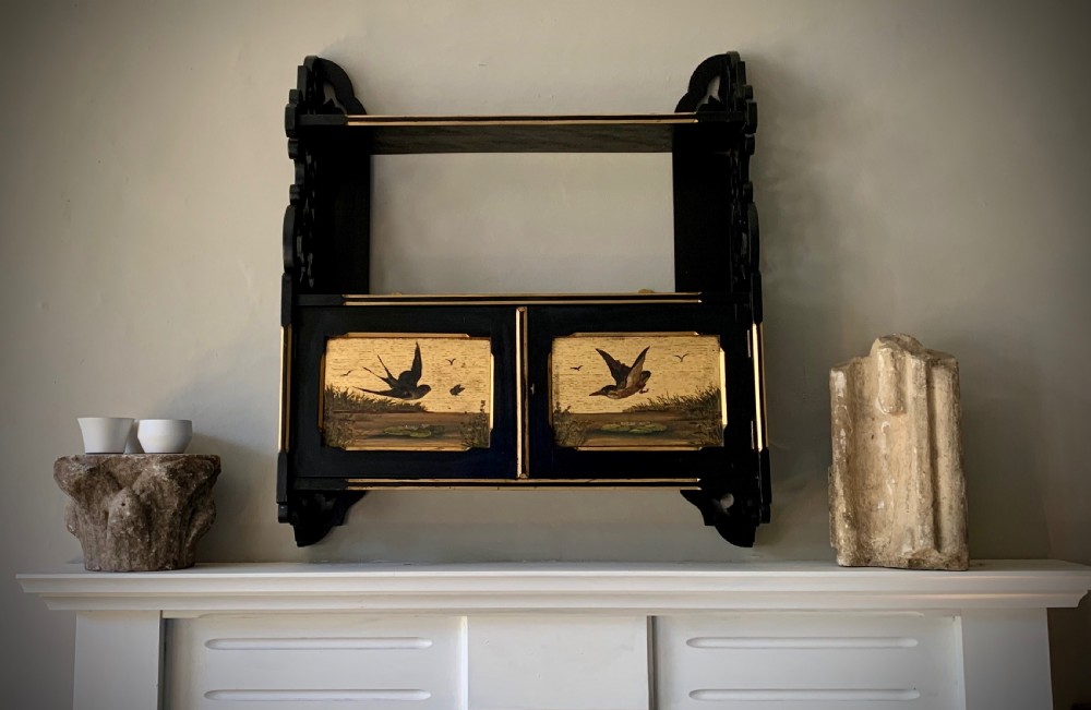AESTHETIC MOVEMENT EBONISED WALL CABINET WITH GILDED PANELS PAINTED WITH BIRDS. View III